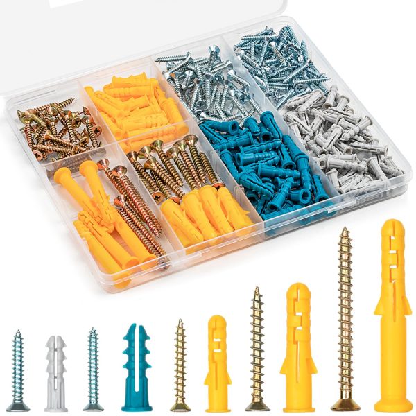 Drywall anchor and screw combination set 270 pieces, 135 plastic drywall expansion anchors and 135 Phillips head flat head wood screws, 5 sizes, wall hanging set, suitable for art decoration, can replace paint nails