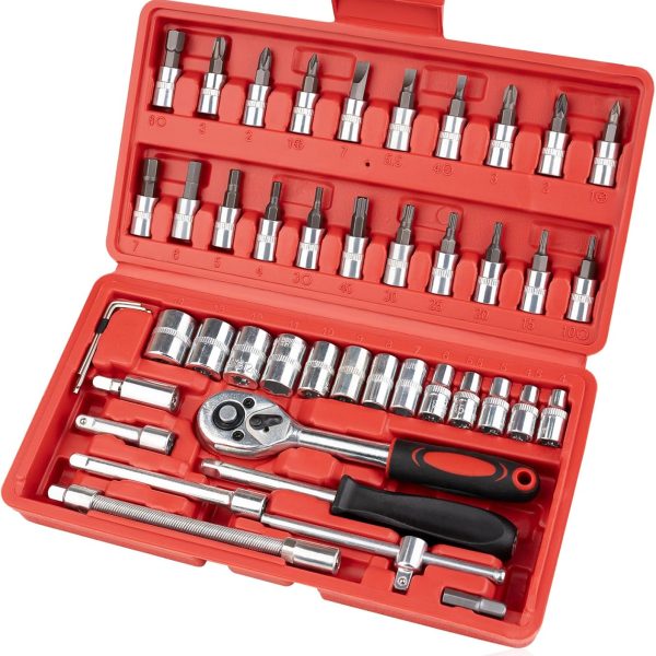 46-piece small drive socket ratchet wrench and screwdriver set, 1/4 inch metric socket and ratchet wrench set, with extension bar, upgraded compact automotive tool set.