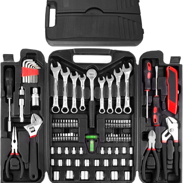 95-Piece Tool Set, Tool Case, Machine Tool Set, Portable Tool Case with Adjustable Wrench, Pliers, Sockets, and Bits, Plastic Tool Case, Suitable for Residences, Apartments, and Garages (Red)