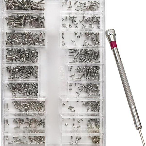 500-piece silver miniature screw repair kit, 18 sizes of stainless steel miniature screws with screwdriver, suitable for eyeglasses, watches, jewelry and electronics