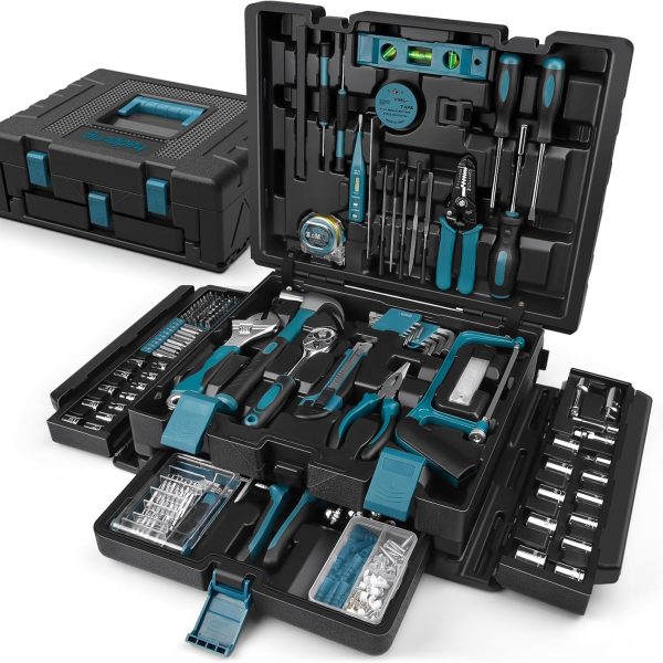 379-Piece Household Tool Set - Portable Household and Automotive Repair Tool Set - Universal Basic Hand Tool Case with Drawer - Complete Basic Tool Set for Handymen, DIY Enthusiasts, and Homeowners