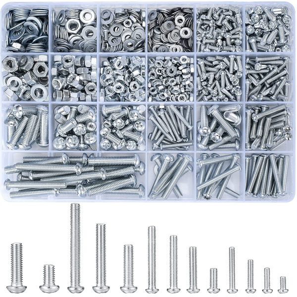 1080-piece screw, bolt, and nut combination set, metric machine screws, nuts, and flat washers, M3/M4/M5/M6 Phillips head round head bolt set (C)