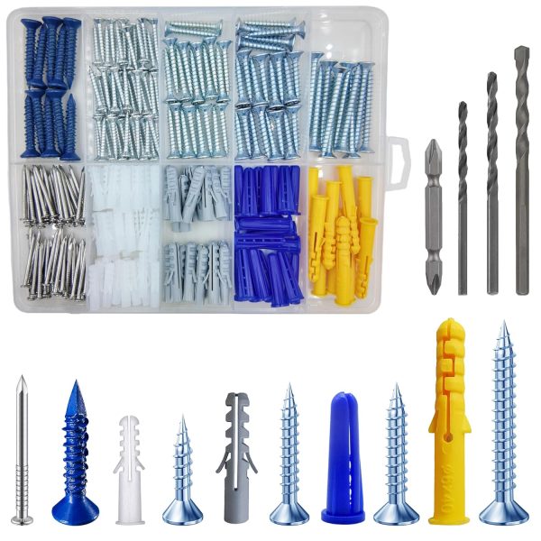 (274 pieces) Plastic drywall wall anchor set, including screws, concrete screw set, wall anchor set, suitable for brick and cement walls