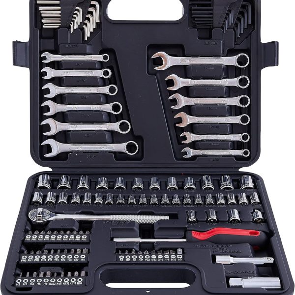 121-piece machine tool set, 1/4 inch and 3/8 inch drive metric and imperial socket wrench set, suitable for general use, home, automotive, machine repair, car repair, also suitable as a gift.